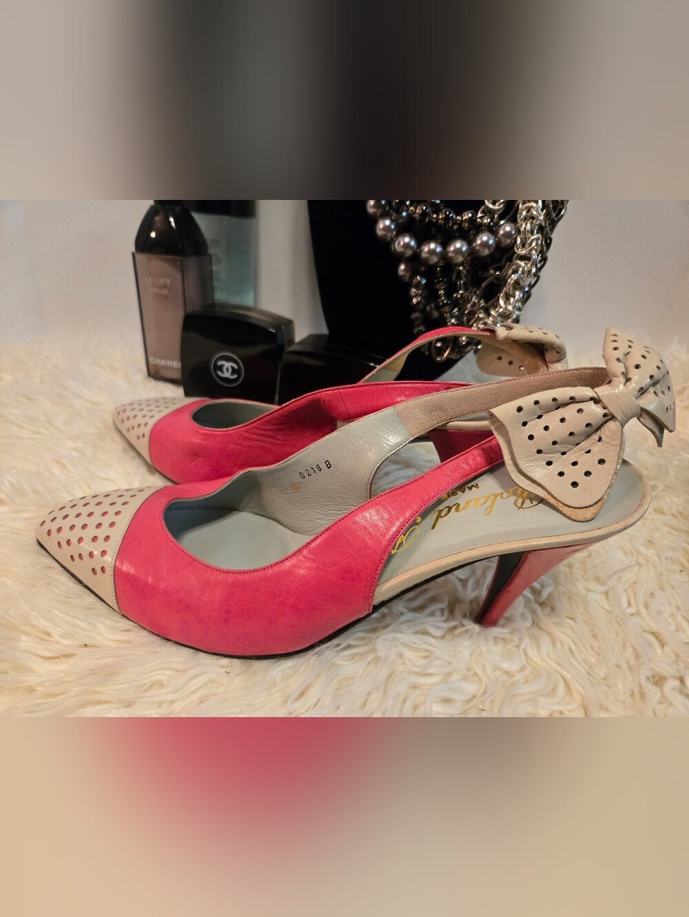 Vintage Pink and Beige Leather Slingback Heels